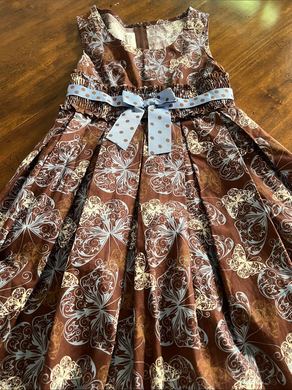 Bonnie Jean Brown Dress with Light Blue Polka Dot Bow